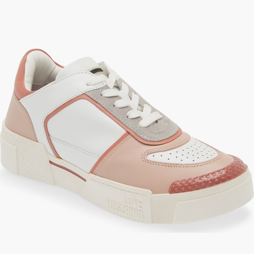 NWOT Love Moschino Scarpa Oxford Sneaker Lace Up Sz 38 Or 8 White Blush Leather